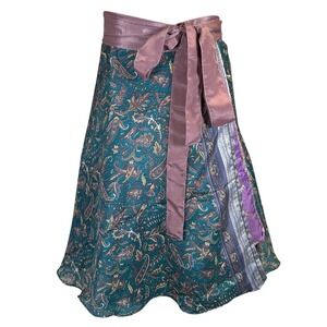 Reversible Silk Blend Sari Wrap Skirt Teal Purple Paisley Boho Midi Satin Boho